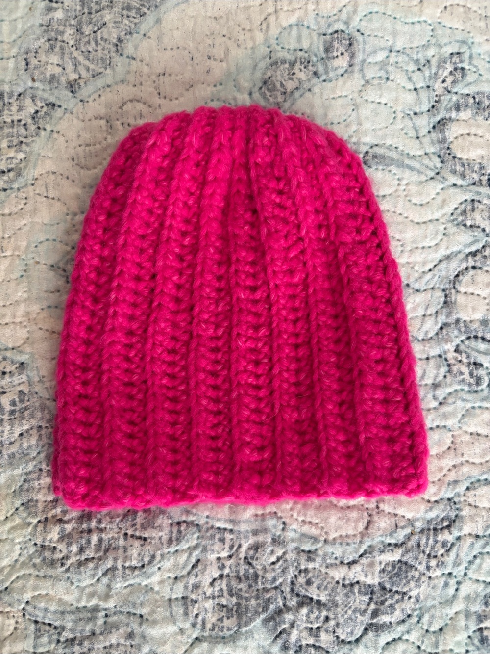 Handmade Ribbed Crochet Beanie - Bright Pink